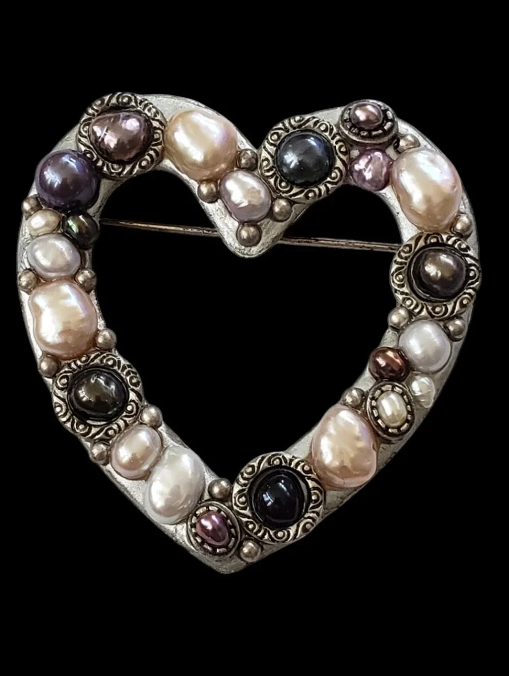 Michal Golan Silver Tone Pearl Open Heart Brooch Pin Retired